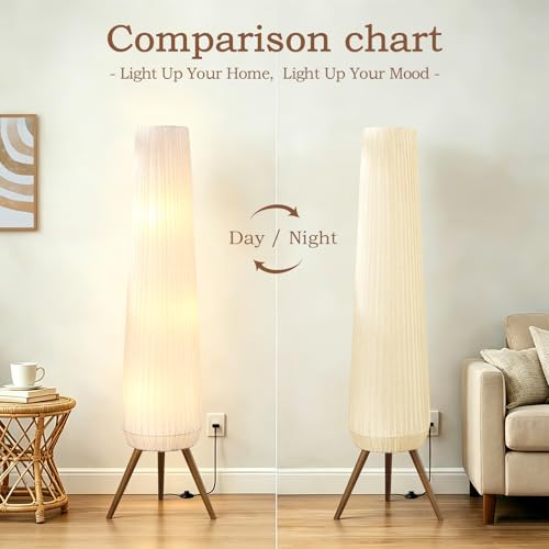 61'' Oatmeal Fabric Pleated Floor Lamp, Walnut Wood Tripod Base
