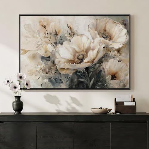 Framed Neutral Floral Wall Art for Modern Farmhouse Living Room, 24x36 In - color: Neutral Beige