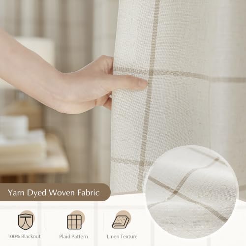 DriftAway 100% Blackout Windowpane Plaid Linen Curtains 36 Inches Taupe - color: Taupe, size: 52"W x 36"L (Pack of 2)