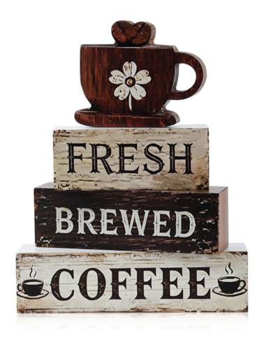 Coffee Wooden Tabletop Decor,Fresh Brewed Coffee Wood Sign Mini Coffee Bar Wooden Signs Book Stacks Accessories Rustic Table Farmhouse Table Decor (Fresh Brewed Coffee) - size: Coffee