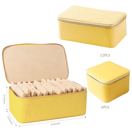Travel Jewelry Case with 12 Velvet Zipped Pouches Bags, Yellow - color: Yellow - 12 Pouch