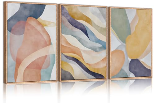 LHIUEM Large Abstract Neutral Framed Canvas Wall Art Set,Colorful Watercolor Block Wall Decor,Boho Geometric Illustrations Artwork for Living Room,Bedroom,Dining Room,Office -16"x24"x3 - color: Abstract Colorful Wall Art, size: 16''x24''x3