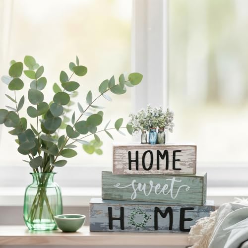Cinnvoice 4 Pcs Eucalyptus Mason Jar Wooden Block Decor Tiered Tray Signs - style: Eucalyptus Mason Jar
