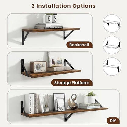 Axeman 20 Inch Floating Shelves, 8 Inch Deep Brown Wall Shelves Set of 2 - color: Rustic Brown, size: 20 Inch