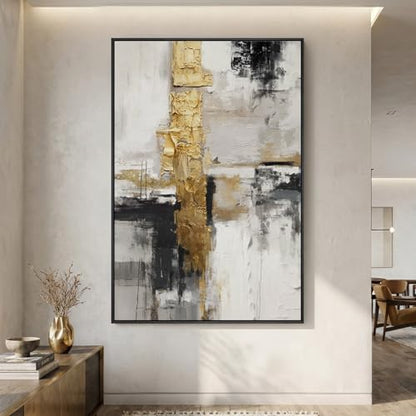Extra Large Framed Black White Gold Abstract Wall Art, Vertical 40x60 In - color: Black and White Gold A, size: 60"L x 40"W