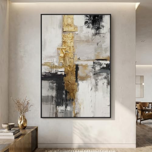 Extra Large Framed Black White Gold Abstract Wall Art, Vertical 40x60 In - color: Black and White Gold A, size: 60"L x 40"W