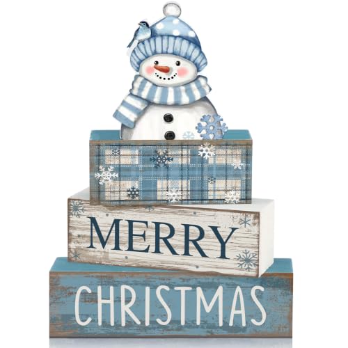 Lineshading 4 Pcs Christmas Table Decor, Blue Snowman Wooden Block Signs - style: Blue Snowman