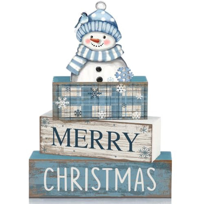 Lineshading 4 Pcs Christmas Table Decor, Blue Snowman Wooden Block Signs - style: Blue Snowman