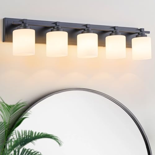 Modern Bathroom Light Fixtures Over Mirror, Vanity Lights for Bathroom Wall Sconces with Milky White Glass Shades, E26 Socket (Bulbs Not Included), 5 Light, Black - color: Black, size: 34.64 inch-5-Light