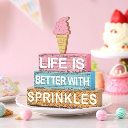 Geelin 4 Pcs Summer Ice Cream Table Wooden Decorations Ice Cream Wood Sign - style: Ice Cream