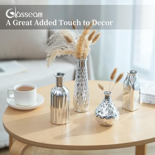 Glasseam Silver Glass Vase for Single Flower: 4 Pcs Small Decorative Vases - size: 4pcs