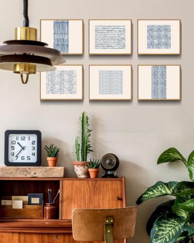 Drsoum Mid-century Boho Geometric Abstract Decor Blue White Grunge Minimalist Bohemian Wall Art Framed Canvas Prints 8"x 10"x 6pcs Natural Framed - color: Blue Bohemain, size: 8''x 10''x 6pcs, Natural Framed