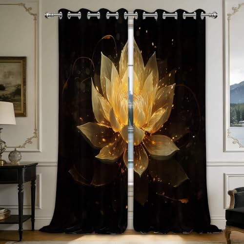 Black and Gold Blackout Curtains, Lotus Drapes 96 inches length, 2 Panels - color: Black and Gold, size: 52"W x 96"L (Pack of 2)