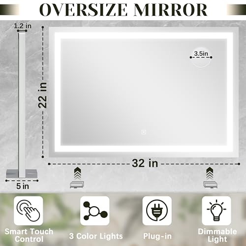 ROLOVE 32x22 Lighted Vanity Mirror, Wall-Mounted, Detachable 10X Magnifier - color: White, size: 22"L x 32"W