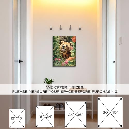 Halioyo Brown Bear Canvas Wall Art, Floral Bear Painting Print(12x16 in) - color: Painting-10, size: 16"L x 12"W