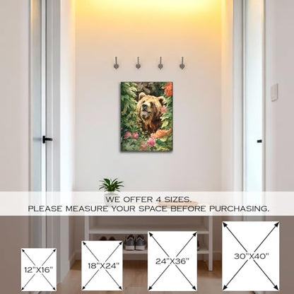 Halioyo Brown Bear Canvas Wall Art, Floral Bear Painting Print(12x16 in) - color: Painting-10, size: 16"L x 12"W