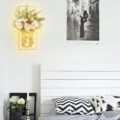 Rustic Wall Sconces Mason Jar Sconces with Remote Control LED Fairy Lights - color: Peony+white Board