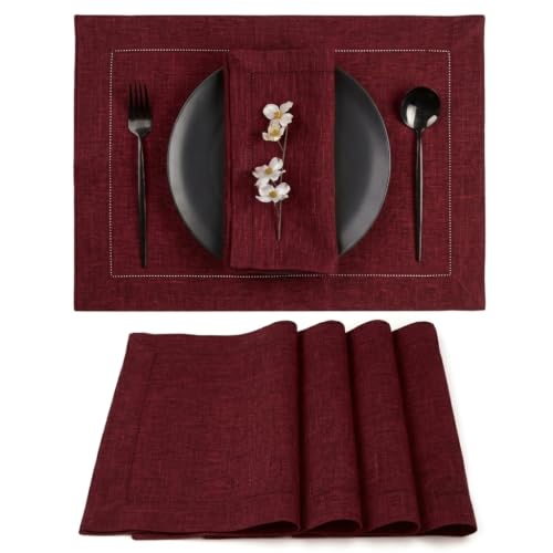 Signature Linen™ by D'Moksha, Dark Red Chambray Placemats Set of 4, 14 x 19 Inch, 100% Pure Linen Table Mats, Hemstitch, Machine Washable Cloth Placemats- Fall, Weddings, Outdoor Hosting - color: Dark Red Chambray, size: Set of 4 (14 X 19 Inch)