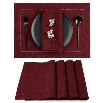 Signature Linen™ by D'Moksha, Dark Red Chambray Placemats Set of 4, 14 x 19 Inch, 100% Pure Linen Table Mats, Hemstitch, Machine Washable Cloth Placemats- Fall, Weddings, Outdoor Hosting - color: Dark Red Chambray, size: Set of 4 (14 X 19 Inch)