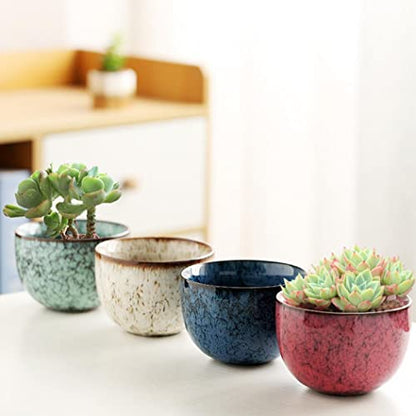 YYW 3 Inch Ceramic Plant Pot Set of 4 with Drainage and Bamboo Tray(Set 2) - color: Set 2, size: One Size