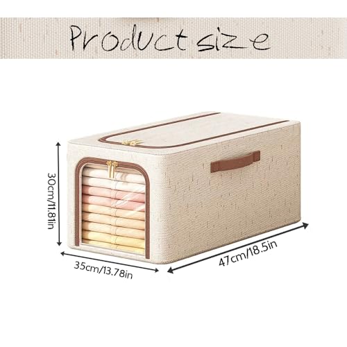 RZJZGZ 49L Clothes Storage Bins with Metal Frame, Foldable Linen Storage Boxes with Lids, Linen Fabric Storage Box with Lid Clear Window（Beige） (Large size) - color: Large size