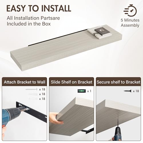 Acovy 48 Inch Floating Shelves, 12" Deep Floating Shelf Wall Mounted, 48" Wall Shelves, Rustic Deep Bookshelf, Extra Deeper & Thicker Display Shelves for Bedroom, Living Room, Gray, Set of 2 - color: Grey, size: 12"Wx48"L-2pcs