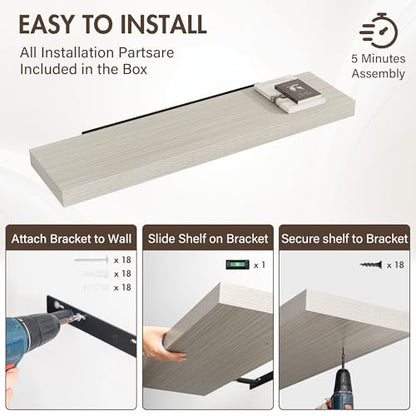 Acovy 48 Inch Floating Shelves, 12" Deep Floating Shelf Wall Mounted, 48" Wall Shelves, Rustic Deep Bookshelf, Extra Deeper & Thicker Display Shelves for Bedroom, Living Room, Gray, Set of 2 - color: Grey, size: 12"Wx48"L-2pcs