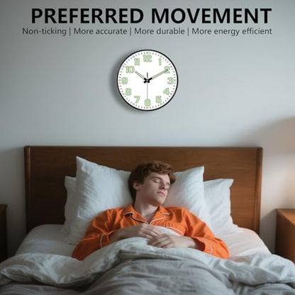 12 Inch Silent Wall Clocks Battery Operated, Glow in the Dark Wall Clock with Easy Read Numbers Non-Ticking Tempered Glass Night Vision Clocks for Living Room Office Gym Bedroom, Modern White - color: White Green, size: 12 Inch