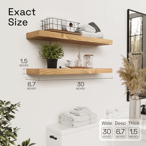 Natural Wood Floating Shelves for Wall 30 Inches Long, Oak Wooden Shelf - color: Gold Oak, size: 30 Inch