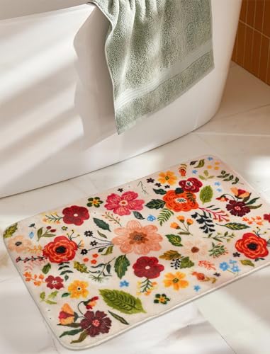 Floral Bathroom Rugs Cute Bath Mat Small, Flower Rug Non Slip Washable Bath Rugs, Soft Shower Rug for Bathtub Floor Decor (Beige) - color: Floral Beige, size: 1'8" x 2'8" (Rectangular)