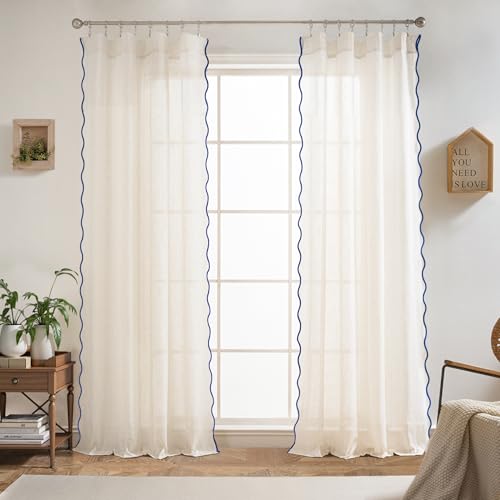 DriftAway Semi Sheer Scalloped Edge Linen Coastal Beach Window Curtains for Living Room Bedroom 2 Panels Rod Pocket Each Size 52 Inch by 90 Inch Navy - color: Linen Navy, size: 52"W x 90"L (Pack of 2)