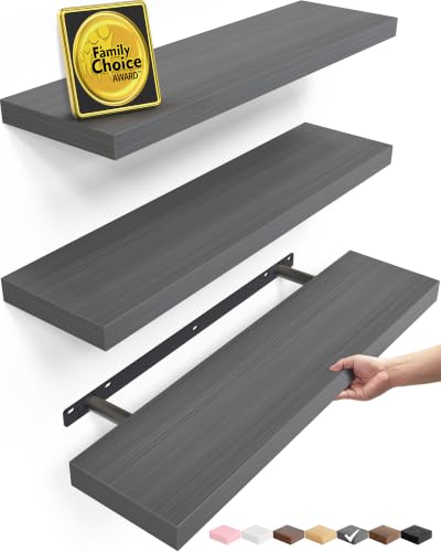 BAYKA Grey Floating Shelves 22.5in, Set of 3, Wall Mount Rustic Wood Shelf - color: F. Grey - Industrial Edge Style, size: 22.5inches