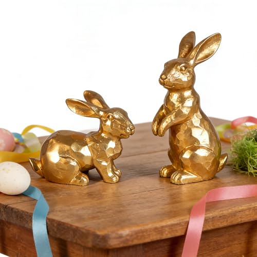Easter Bunny Decorations,Vintage Gold Rabbit Figurine, Small Resin Bunnies for Home Spring Farmhouse Decor (Gold Faceted-2PCS) - size: Small Gold 2pcs