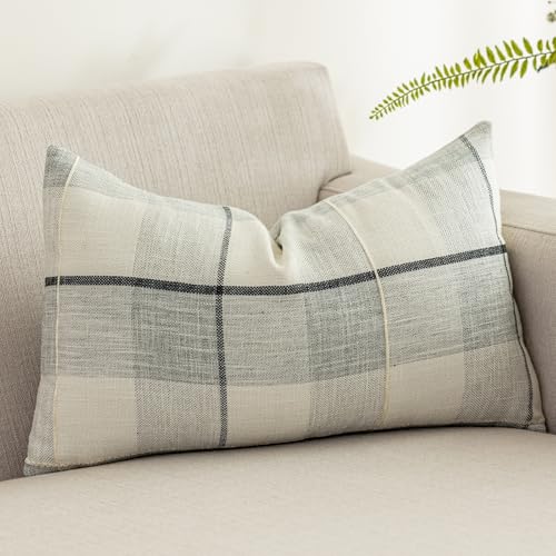 vctops Rustic Lattice Cotton Linen Decorative Throw Pillow Cover Embroidery Lumbar Cushion Cover Pillowcase for Sofa Bedroom Couch (Grey White Plaid, 12"x20") - color: Grey White Plaid, size: 12" x 20" (Pack of 1)