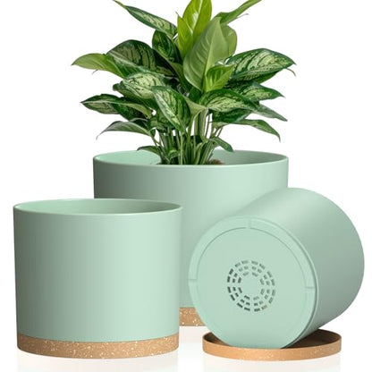 Plant Pots, 10/9/8 Inch 3 Pack Cylindrical Flower Pots with Drainage Holes and Saucers, Plastic Planters for Outdoor Indoor Plants,Green Brown - color: Green With Brown