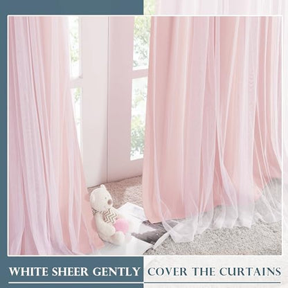 Blush Pink Blackout Curtains with White Sheer Overlay for Girls Bedroom - color: Blush Pink, size: 52"W x 84"L (Pack of 2)
