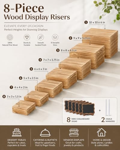 8 Pack Wooden Buffet Risers for Food Display, 8 Mini Sign