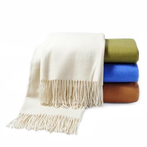 CUDDLE DREAMS Premium Cashmere Throw Blanket with Fringe (Ivory) - color: Ivory