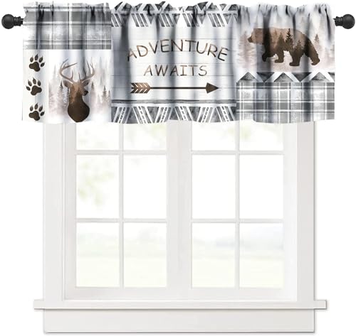 Retro Cabin Valance Curtains,Rustic Hunting Theme Forest Animals Blackout Window Valance,Grey Plaid Check Farmhouse Print Short Window Treatments for Bedroom Living Room Kitchen,54x18in - color: Bear-4