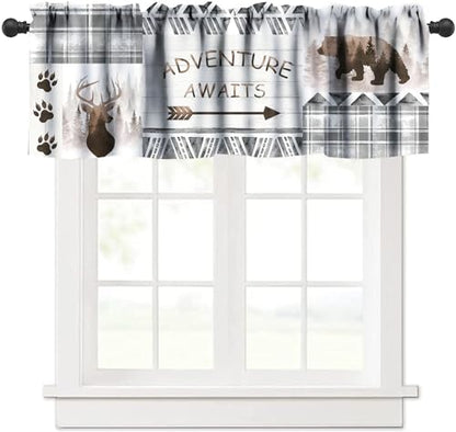 Retro Cabin Valance Curtains,Rustic Hunting Theme Forest Animals Blackout Window Valance,Grey Plaid Check Farmhouse Print Short Window Treatments for Bedroom Living Room Kitchen,54x18in - color: Bear-4
