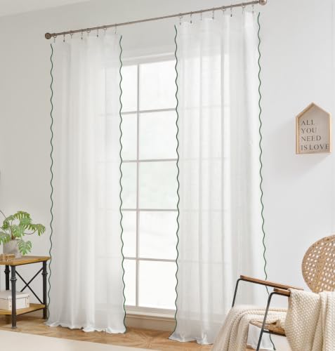 DriftAway Semi Sheer Scalloped Edge Linen Curtains, Loden Green, 52x96 - color: White Loden Green, size: 52"W x 96"L (Pack of 2)