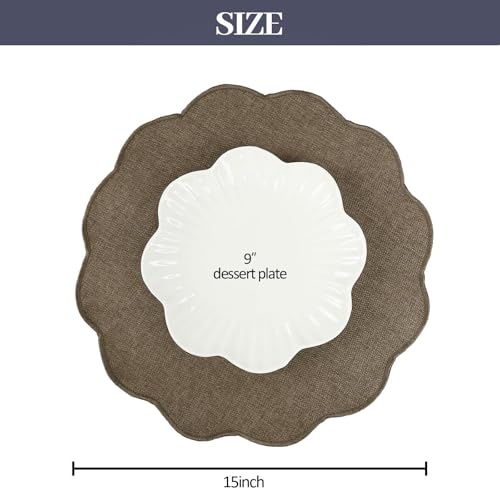 AHHFSMEI Round Scalloped Placemats Set of 6 15 Inch Faux Linen - color: Brown
