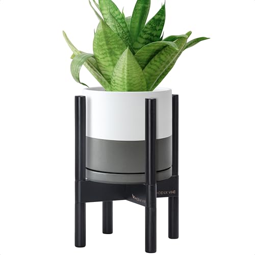 D'vine Dev Ceramic Pot with Ebony Wood Stand, White/Grey, 8 in, 55-B-M-6 - color: White/Grey Pot + Ebony Stand, size: 8 Inch