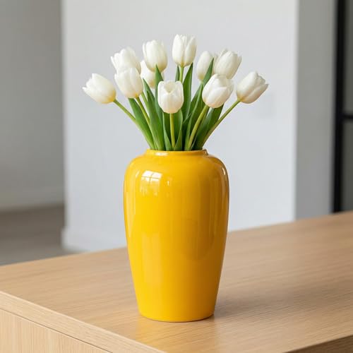 Yellow Vase, 8 Inch Yellow Ceramic Vase for Flowers, Modern Vases for Home Decor, Decorative Centerpiece for Kitchen Table, Living Room, Farmhouse Decor - color: Yellow