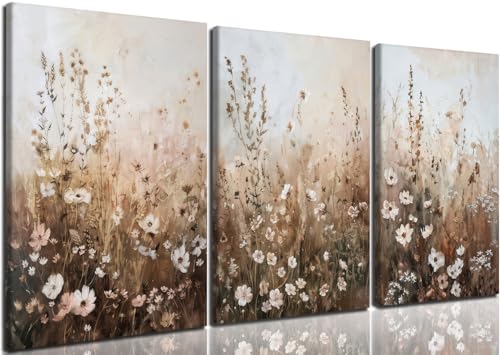 Neutral Wildflower Canvas Wall Art, 3 Piece Gallery Wrapped Set, 12x16 - color: Wildflowers in the grass, size: 12x16 inch