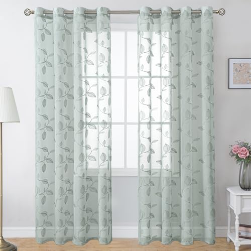 BGment Sage Green Leaf Sheer Curtains 84 Inches Long Living Room 2 Panels - color: Sage-leaf, size: 52"W x 84"L (Pack of 2)