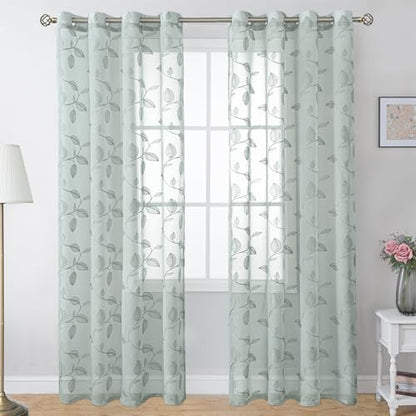 BGment Sage Green Leaf Sheer Curtains 84 Inches Long Living Room 2 Panels - color: Sage-leaf, size: 52"W x 84"L (Pack of 2)