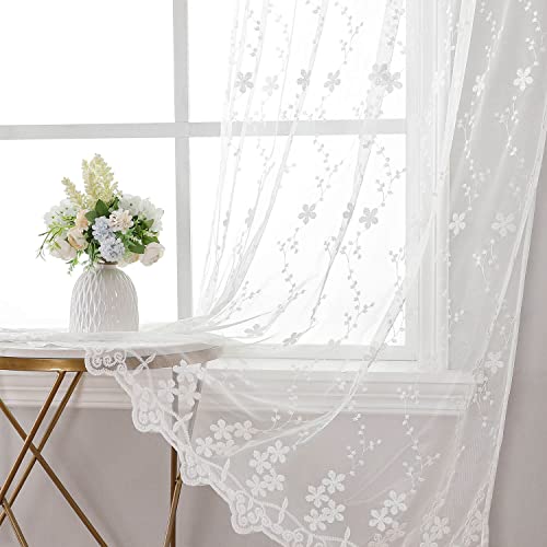 WUBODTI Luxury White Lace Sheer Curtains 84 Inches Long 2 Panels for Living Room, Cute Vine Floral Embroidered Sheer Curtain Grommet White Elegant Tulle Curtain Drapes for Bedroom, Girls Room Decor - size: 52"W x 84"L (Pack of 2)