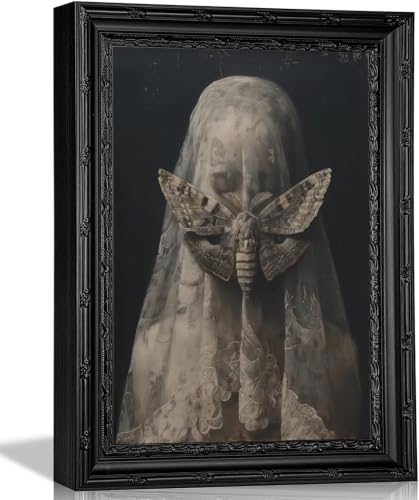 Gothic Framed Dark Academia Wall Art Moth Veiled Woman Canvas Wall Decor - color: Framed-Girl, size: 16"L x 12"W