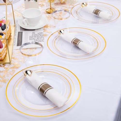 WELLIFE 210PCS Clear-Gold Plastic Plates - Dinnerware Sets for 30 Guests - 60 Disposable Plates, 90 Plastic Silverware, 30 Cups, 30 Napkins for Party - color: Clear and Gold, style: 210PCS（30 Guests）